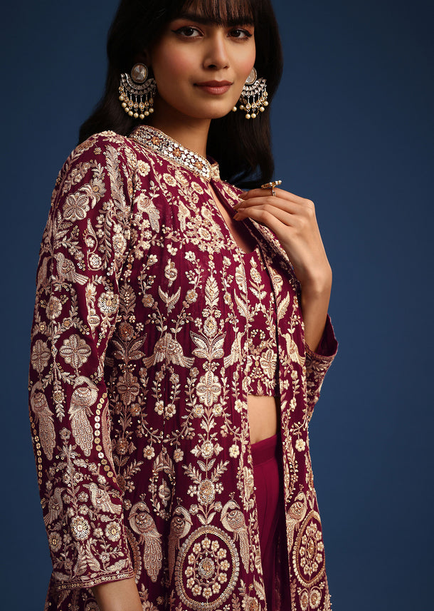 Wine Resham Work Crop Top Set With Embroidered Jacket