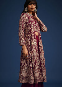 Wine Resham Work Crop Top Set With Embroidered Jacket