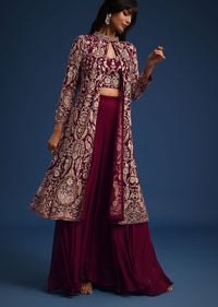 Wine Resham Work Crop Top Set With Embroidered Jacket