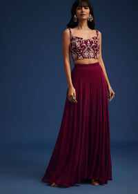 Wine Resham Work Crop Top Set With Embroidered Jacket
