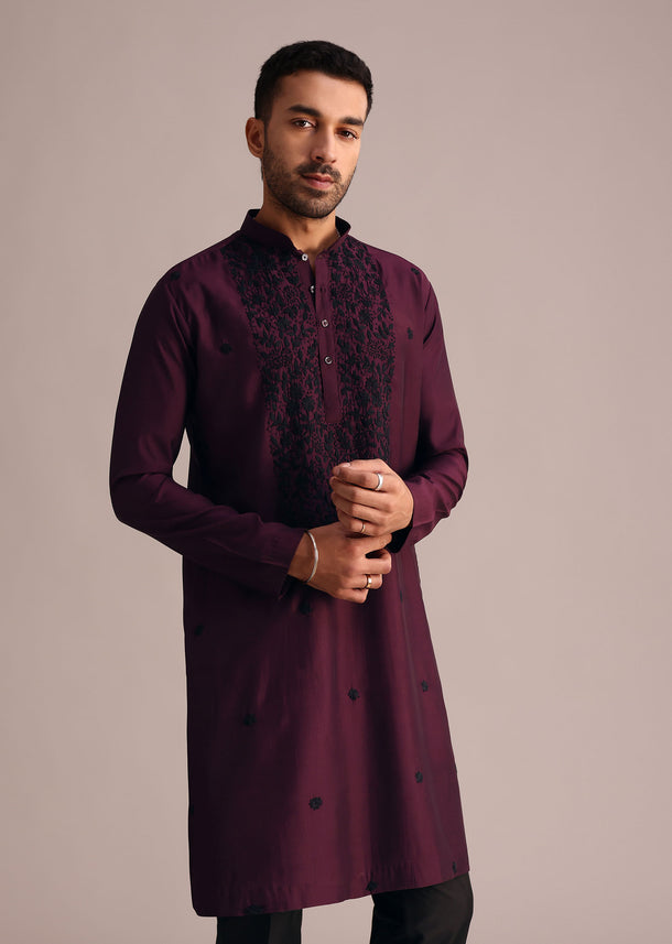 Wine Resham Work Kurta Set