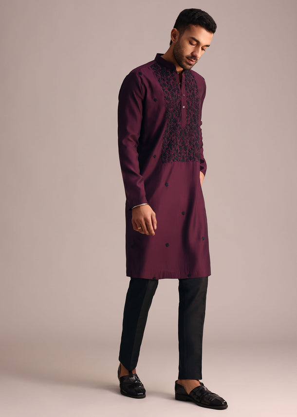 Wine Resham Work Kurta Set