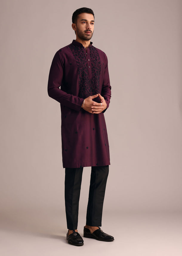 Wine Resham Work Kurta Set