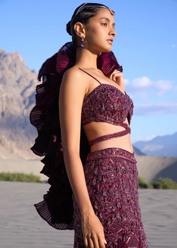 Wine Ruffle Embroidered Fish Cut Lehenga With Long Trail And Jacket