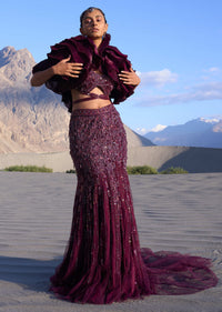 Wine Ruffle Embroidered Fish Cut Lehenga With Long Trail And Jacket