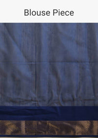 Wine Saree In Tussar Silk With Gold And Blue Woven Border And Striped Pallu Design