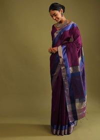 Wine Saree In Tussar Silk With Gold And Blue Woven Border And Striped Pallu Design