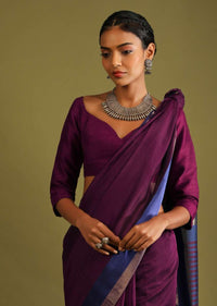 Wine Saree In Tussar Silk With Gold And Blue Woven Border And Striped Pallu Design