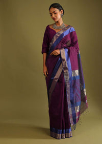 Wine Saree In Tussar Silk With Gold And Blue Woven Border And Striped Pallu Design