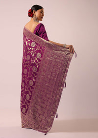 Wine Saree With Floral Jaal Weave In Satin Organza