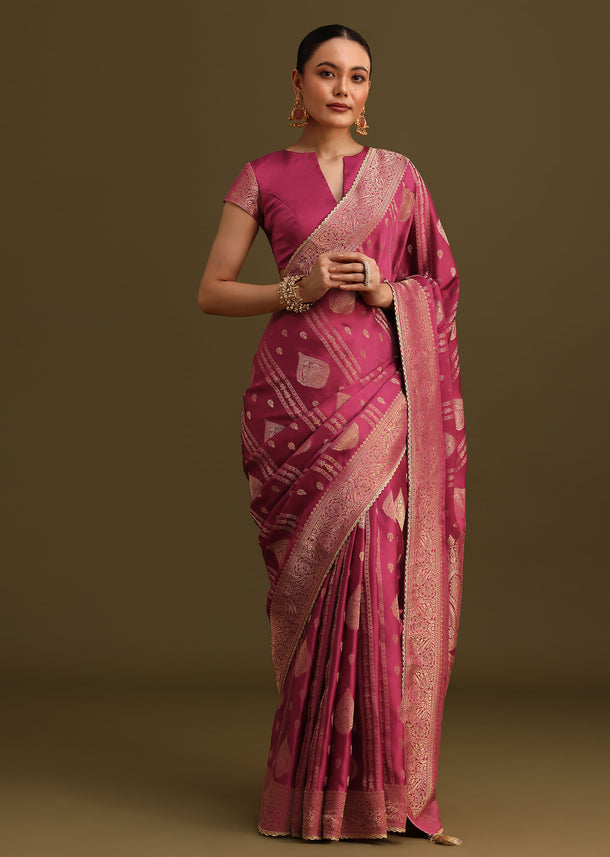 Wine Satin Brocade Zari Weave Saree