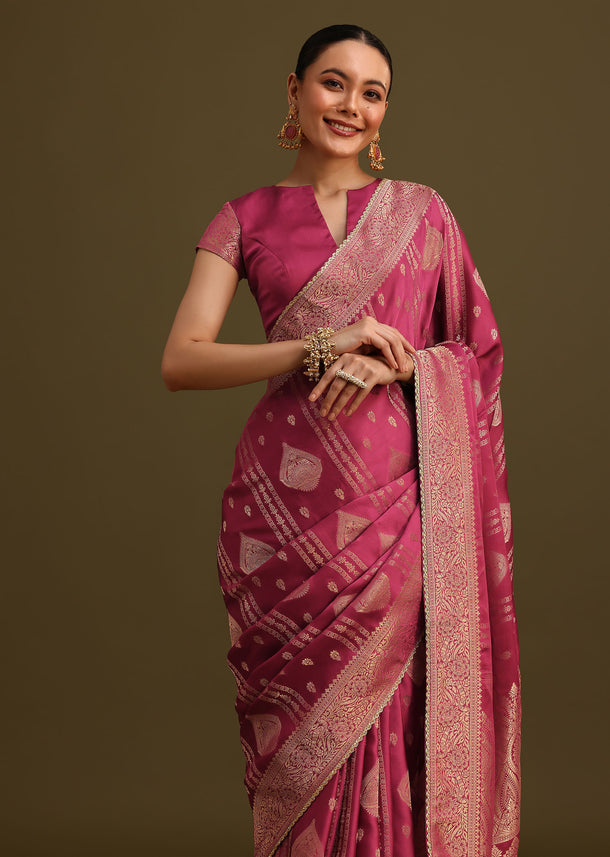 Wine Satin Brocade Zari Weave Saree