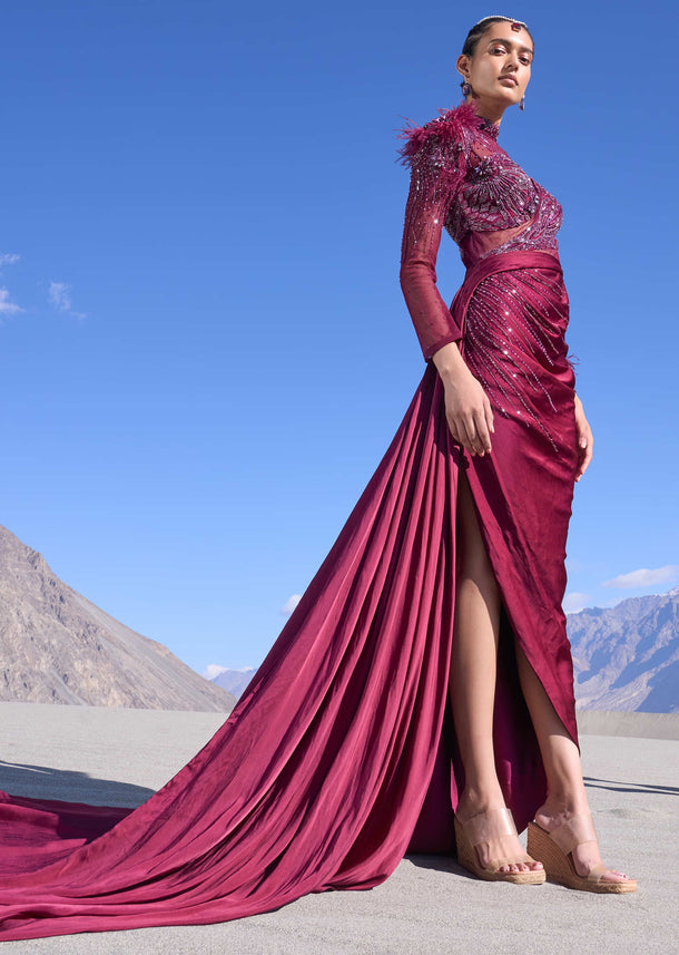 Wine Satin Embroidered High Slit Draped Gown With Side Trail