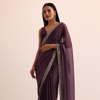 Wine Satin Jacquard Saree With Cut Dana Work And Unstitched Blouse