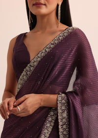 Wine Satin Jacquard Saree With Cut Dana Work And Unstitched Blouse