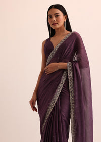 Wine Satin Jacquard Saree With Cut Dana Work And Unstitched Blouse