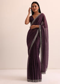 Wine Satin Jacquard Saree With Cut Dana Work And Unstitched Blouse