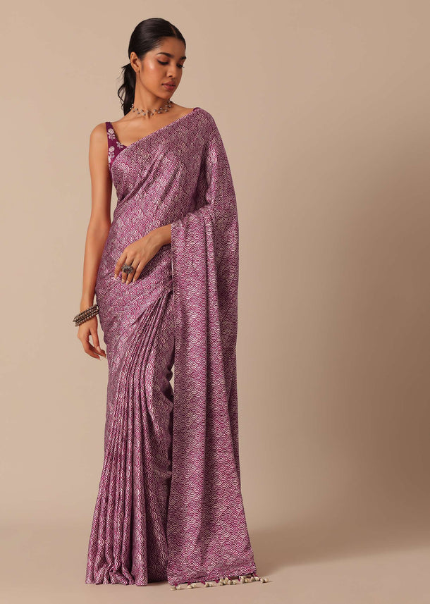 Wine Satin Printed Saree With Unstitched Blouse Fabric