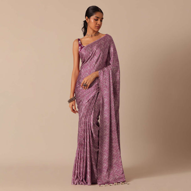 Wine Satin Printed Saree With Unstitched Blouse Fabric