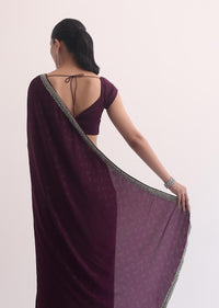 Wine Satin Saree In Stone Embroidery With Unstitched Blouse