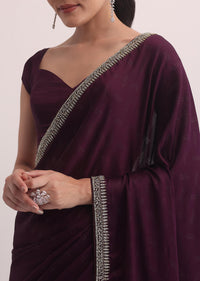 Wine Satin Saree In Stone Embroidery With Unstitched Blouse
