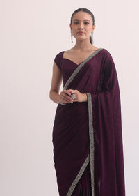 Wine Satin Saree In Stone Embroidery With Unstitched Blouse