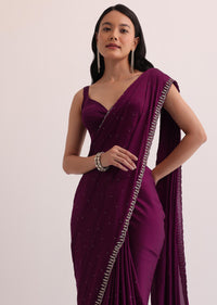 Wine Satin Saree With Cut Dana Embroidery