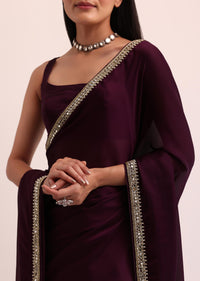 Wine Satin Saree With Mirror Embroidery And Unstitched Blouse