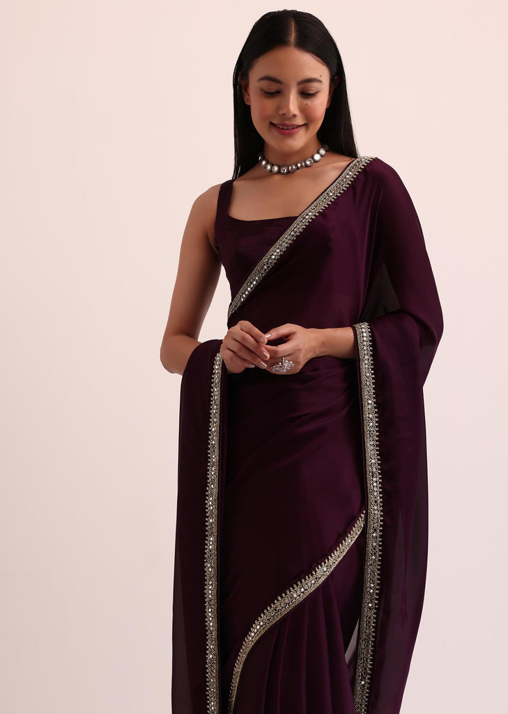 Wine Satin Saree With Mirror Embroidery And Unstitched Blouse