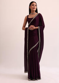 Wine Satin Saree With Mirror Embroidery And Unstitched Blouse