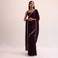 Wine Satin Saree With Mirror Embroidery And Unstitched Blouse