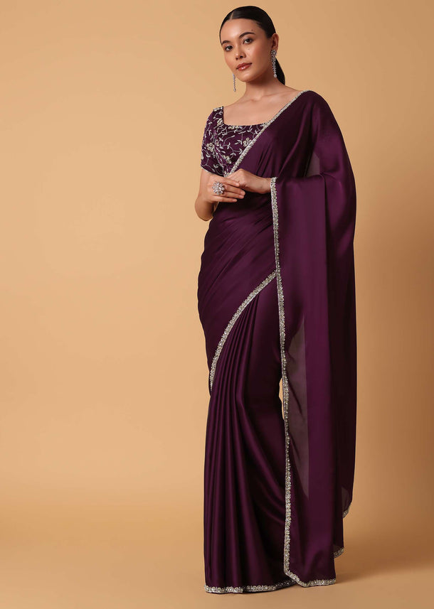 Wine Satin Saree With Sequin Detail And Unstitched Blouse Piece
