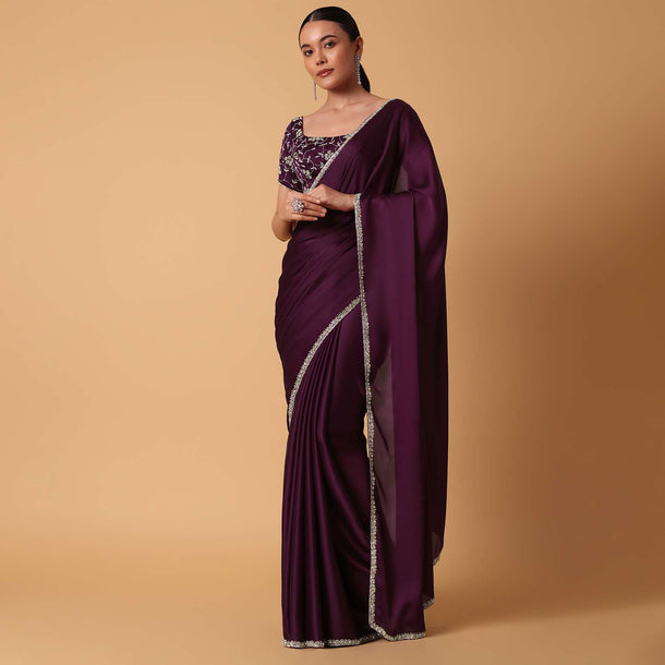 Wine Satin Saree With Sequin Detail And Unstitched Blouse Piece