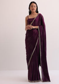 Wine Satin Saree With Stone Studded Border