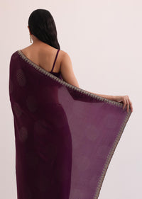 Wine Satin Saree With Stone Studded Border