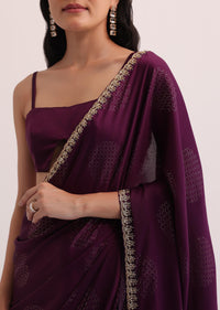 Wine Satin Saree With Stone Studded Border