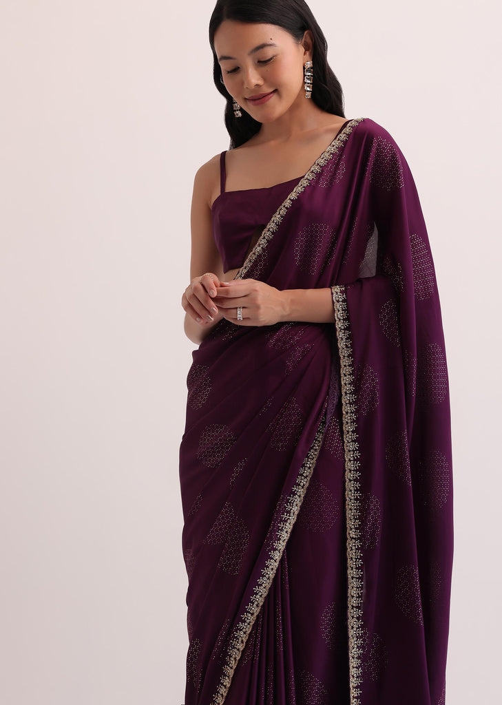 Wine Satin Saree With Stone Studded Border