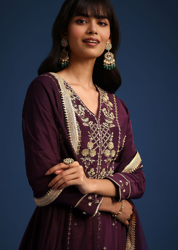 Wine Satin Zardozi Embroidered Anarkali And Palazzo Set