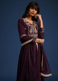 Wine Satin Zardozi Embroidered Anarkali And Palazzo Set