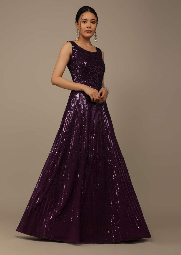 Wine Sequins Embroidered Evening Gown In Georgette With Resham Work