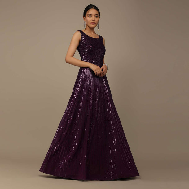 Wine Sequins Embroidered Evening Gown In Georgette With Resham Work