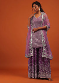Wine Sharara Suit In Georgette With A Net Dupatta
