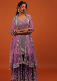 Wine Sharara Suit In Georgette With A Net Dupatta
