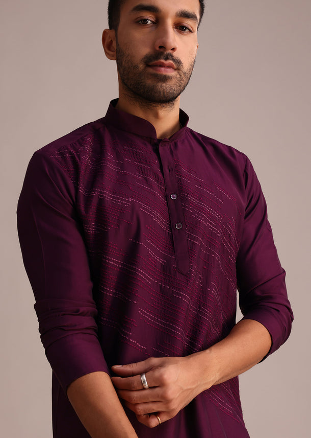 Wine Silk Blend Hand Embroidered Kurta Set