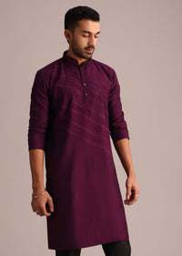 Wine Silk Blend Hand Embroidered Kurta Set