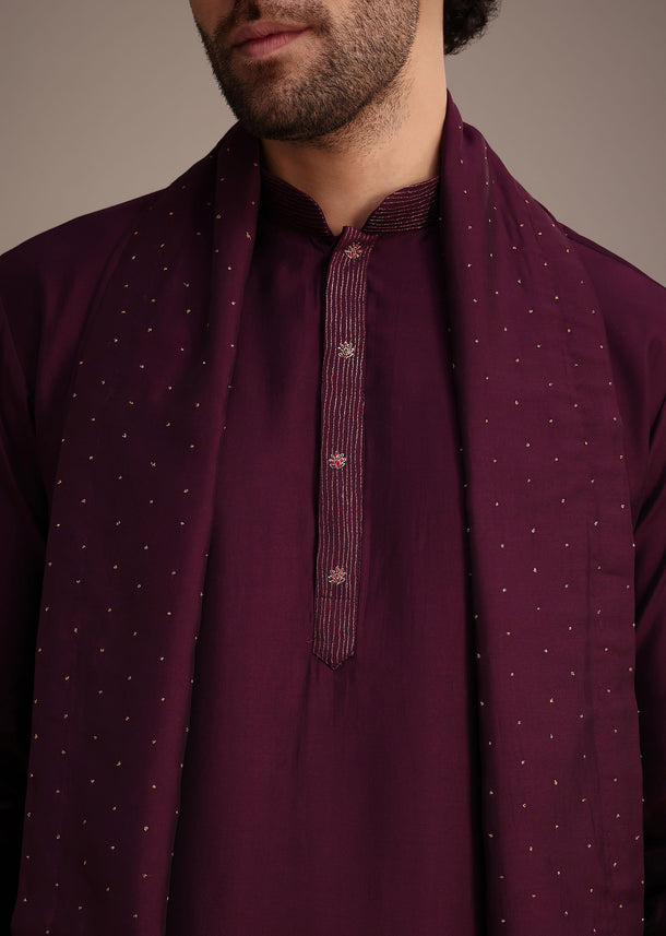 Wine Silk Blend Kurta Set With Thread Work Dupatta