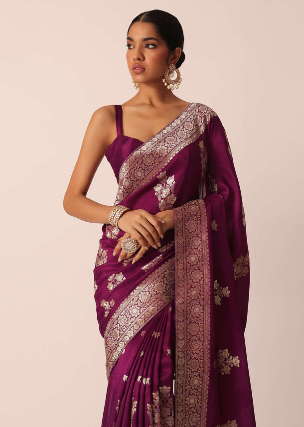 Wine Silk Saree with Butta Detail And Unstitched Blouse Piece