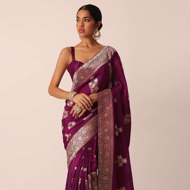 Wine Silk Saree with Butta Detail And Unstitched Blouse Piece