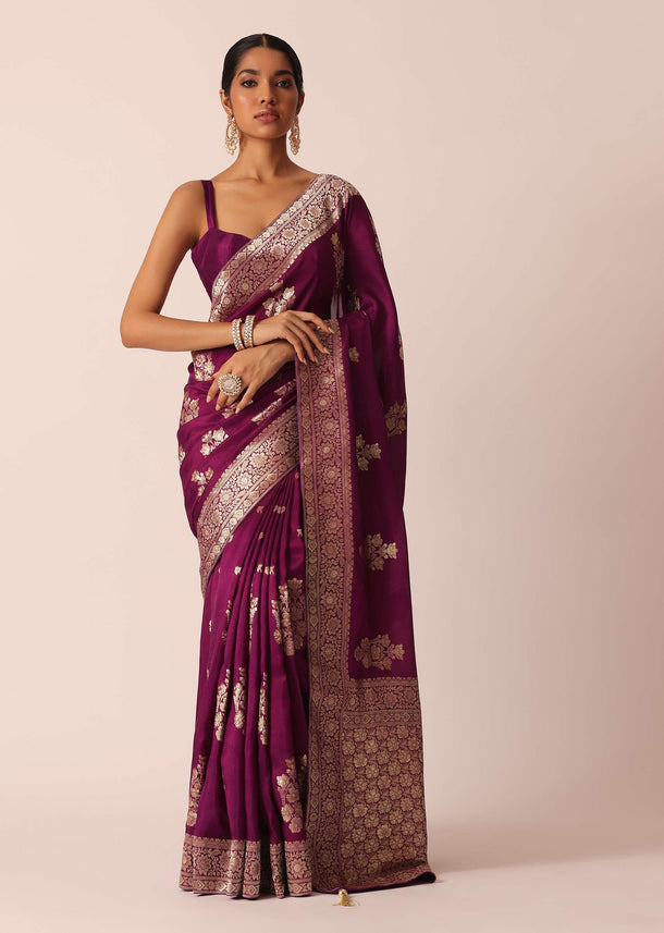 Wine Silk Saree with Butta Detail And Unstitched Blouse Piece
