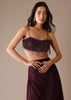 Wine Stone Embroidered Drape Skirt And Blouse Set In Crepe